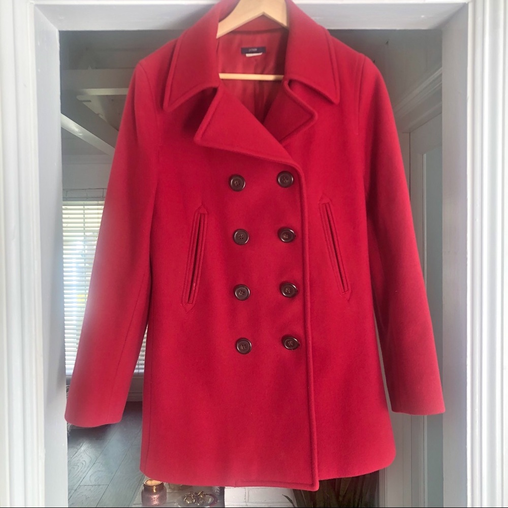 J. CREW Red Melton Double Breasted Peacoat Wool Blend Size Medium